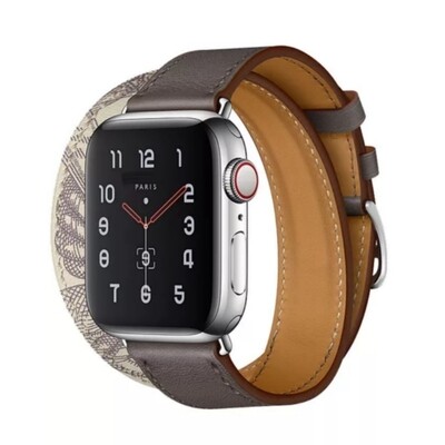 (38mm-40mm-41mm) Hermes Gray Leather double tour Band - جلد هرميز دبل رمادي مع نقش 