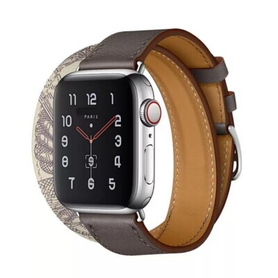 (42mm-44mm-45mm-49mm) Hermes Gray Leather double tour Band - جلد هرميز دبل رمادي مع نقش 