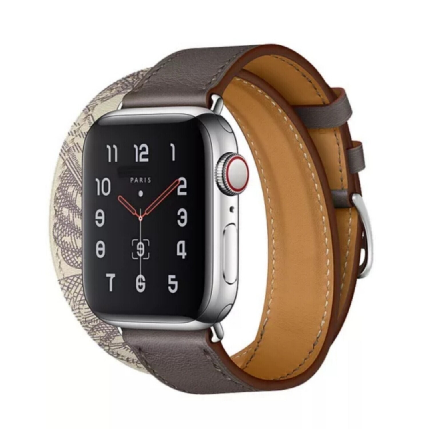 (42mm-44mm-45mm-49mm) Hermes Gray Leather double tour Band - جلد هرميز دبل رمادي مع نقش 