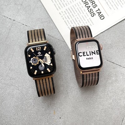 (38mm-40mm-41mm) Steel lined band Black&amp;Gold - باند ستيل مخطط اسود مع ذهبي 