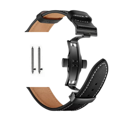 (22mm) Leather Black Band with butterfly lock - باند جلد لون اسود تسكيره فراشه 