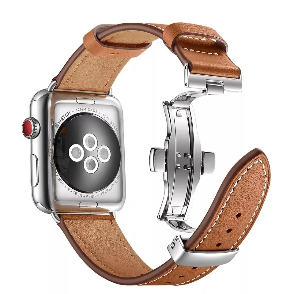 (38mm-40mm-41mm) Leather Brown Band with butterfly lock - باند جلد لون بني تسكيره فراشه 