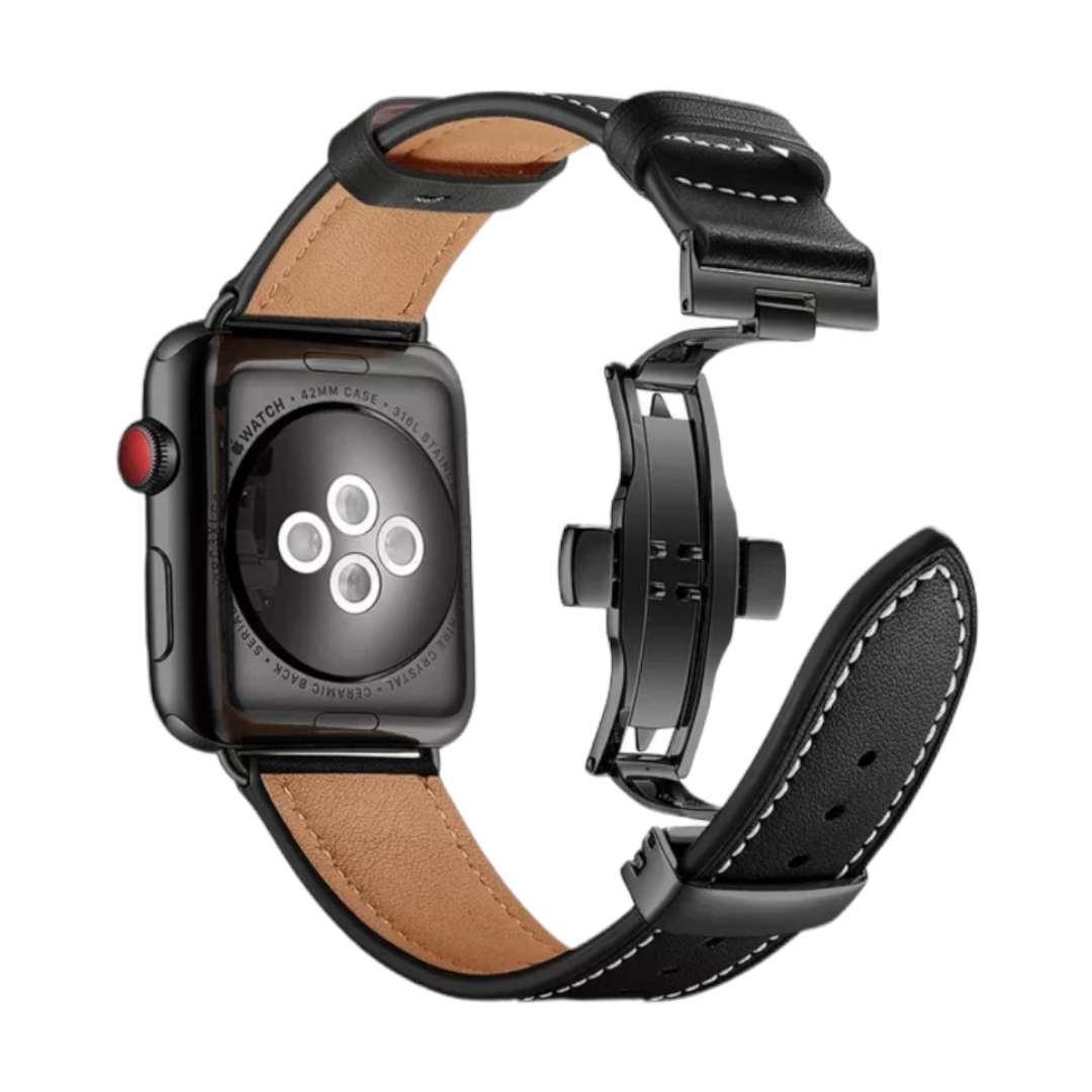 (42mm-44mm-45mm-49mm) Leather Black Band with butterfly lock - باند جلد لون اسود تسكيره فراشه 