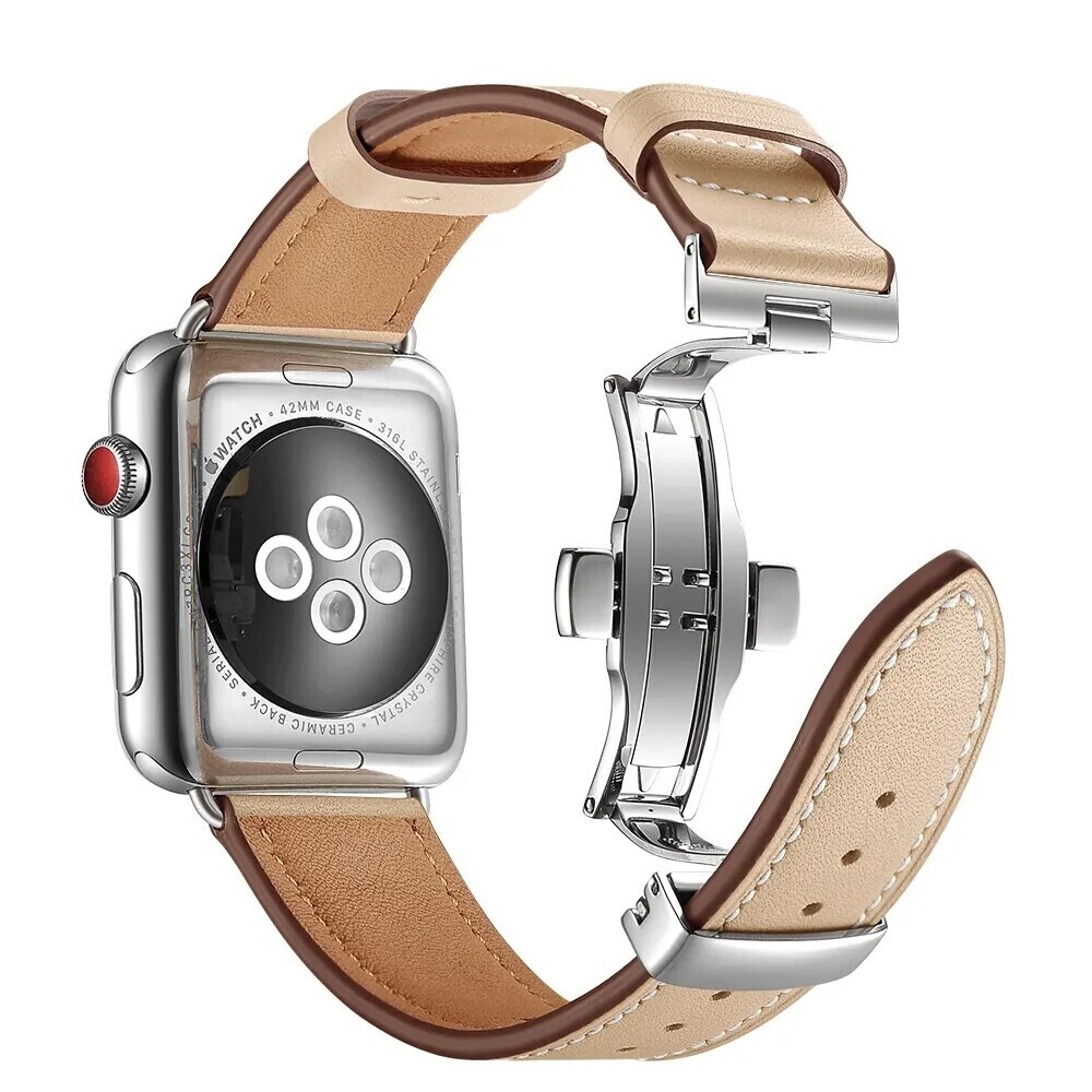 (42mm-44mm-45mm-49mm) Leather Beige Band with butterfly lock - باند جلد لون بيج تسكيره فراشه 