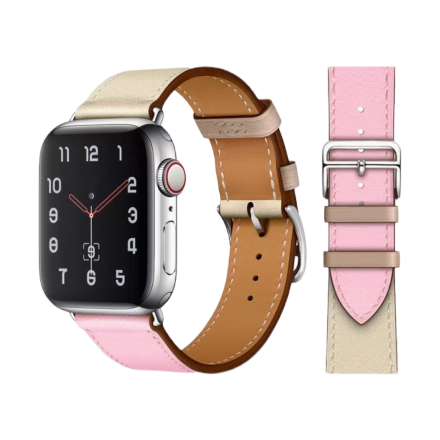 (42mm-44mm-45mm-49mm) Hermes Leather Pink&amp;Beige Band - جلد هرميز لون وردي مع بيج 
