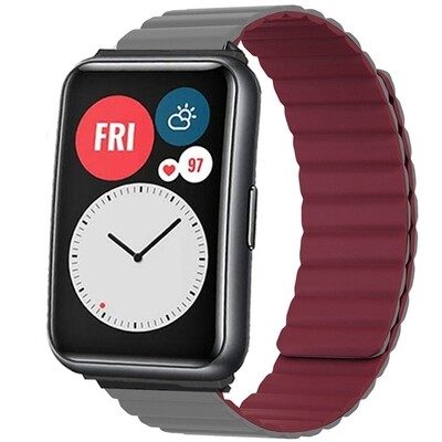 (Huawei Fit 1 &amp; 2 &amp; 3 &amp; 4/Pro) Double color silicone magnatic band Grey&amp;Burgundy - باند سيليكون مغناطيسي لونين رمادي مع عنابي 