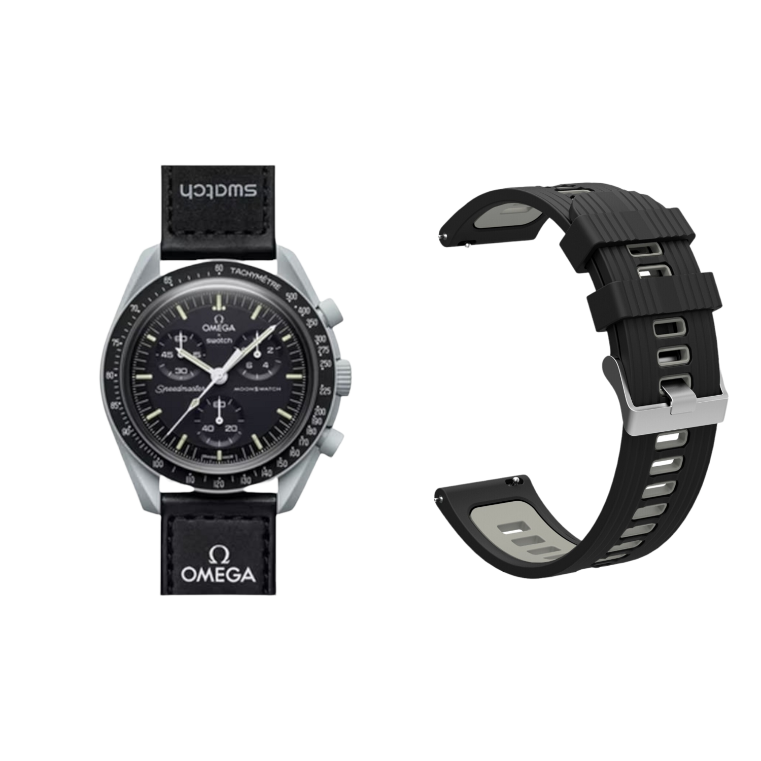 (OmegaXSwatch) Silicone Sports Band Black&amp;Grey -  باند سيليكون رياضي لون اسود مع رمادي 