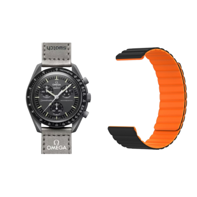 (OmegaXSwatch) Double color silicone magnatic band Black&amp;Orange - باند سيليكون مغناطيسي لونين اسود مع برتقالي 