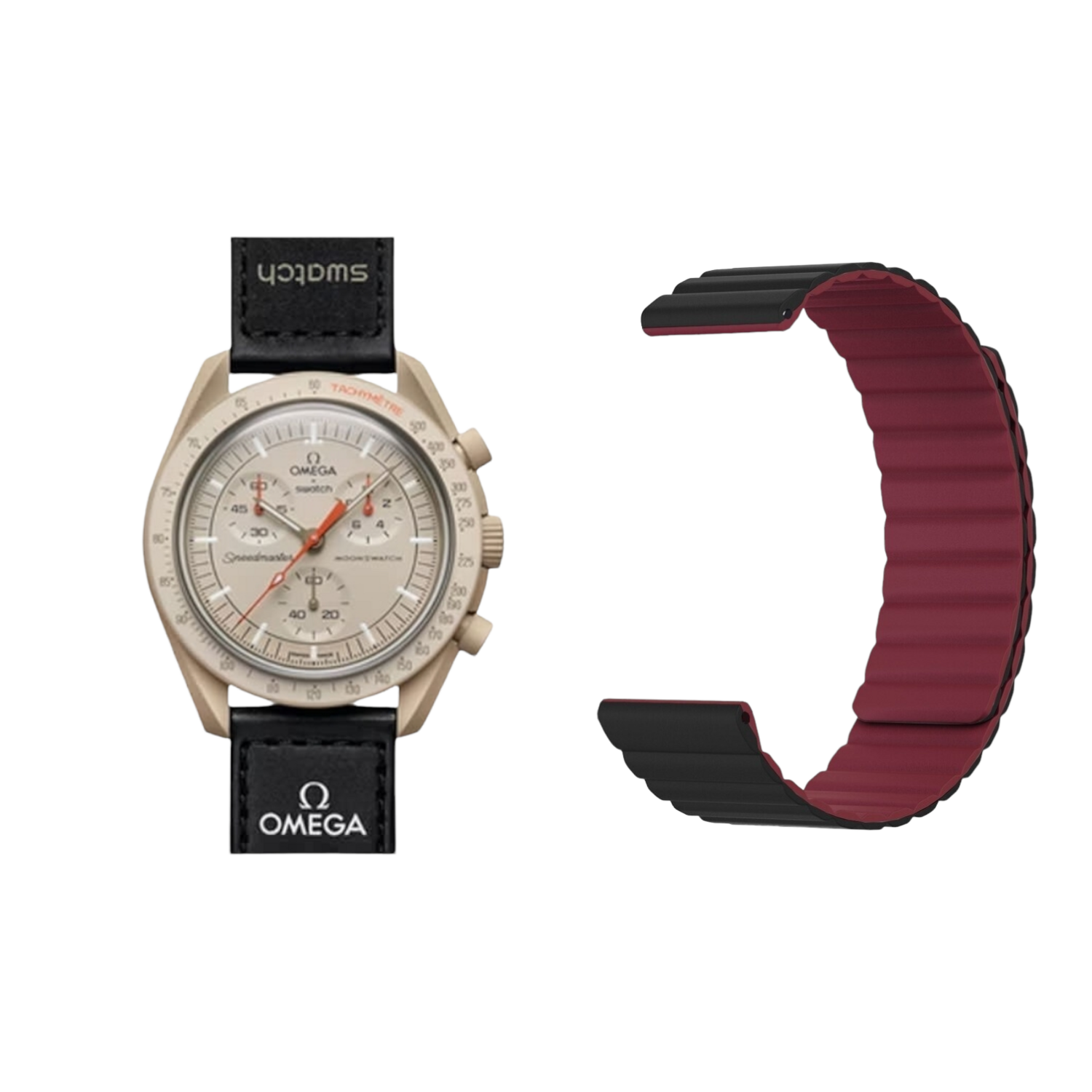 (OmegaXSwatch) Double color silicone magnatic band Black&amp;Burgundy - باند سيليكون مغناطيسي لونين اسود مع عنابي 