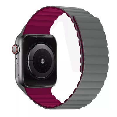 (42mm-44mm-45mm-46mm-49mm) Double color silicone magnatic band Grey&amp;Burgundy - باند سيليكون مغناطيس لونين رمادي مع عنابي 