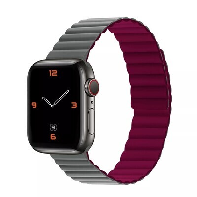 (42mm-44mm-45mm-46mm-49mm) Double color silicone magnatic band Grey&amp;Burgundy - باند سيليكون مغناطيس لونين رمادي مع عنابي 