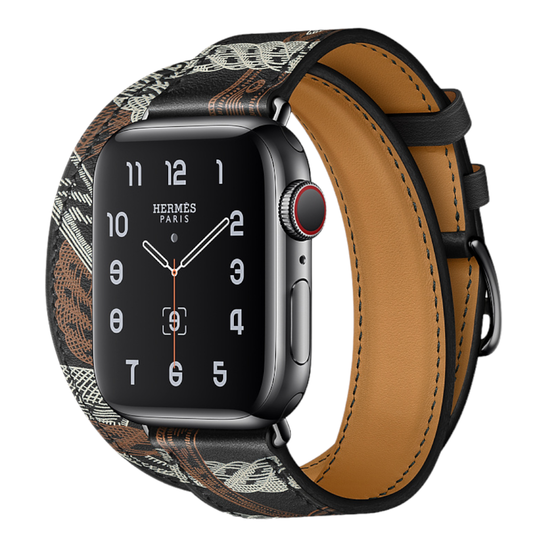 (42mm-44mm-45mm-49mm) Hermes Noir Leather double tour Band - جلد هرميز دبل اسود مع نقش 