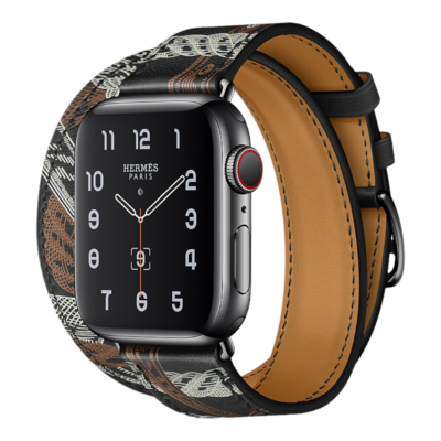 (42mm-44mm-45mm-49mm) Hermes Noir Leather double tour Band - جلد هرميز دبل اسود مع نقش 