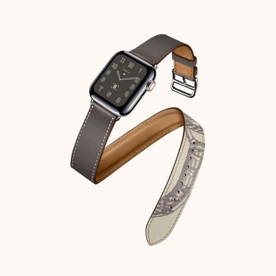 (38mm-40mm-41mm) Hermes Gray Leather double tour Band - جلد هرميز دبل رمادي مع نقش 