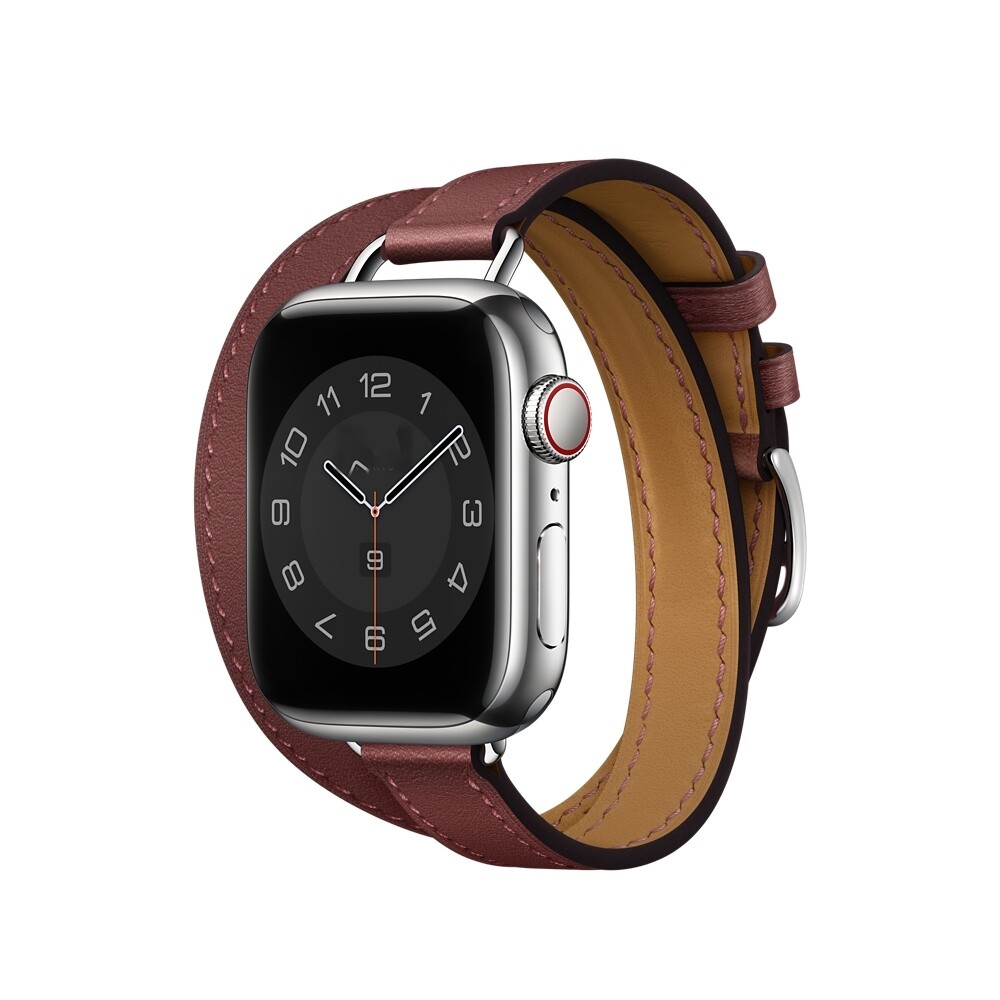 (38mm-40mm-41mm) Hermes Burgundy Leather double tour band Slim - جلد هرميز دبل عنابي ضعيف 