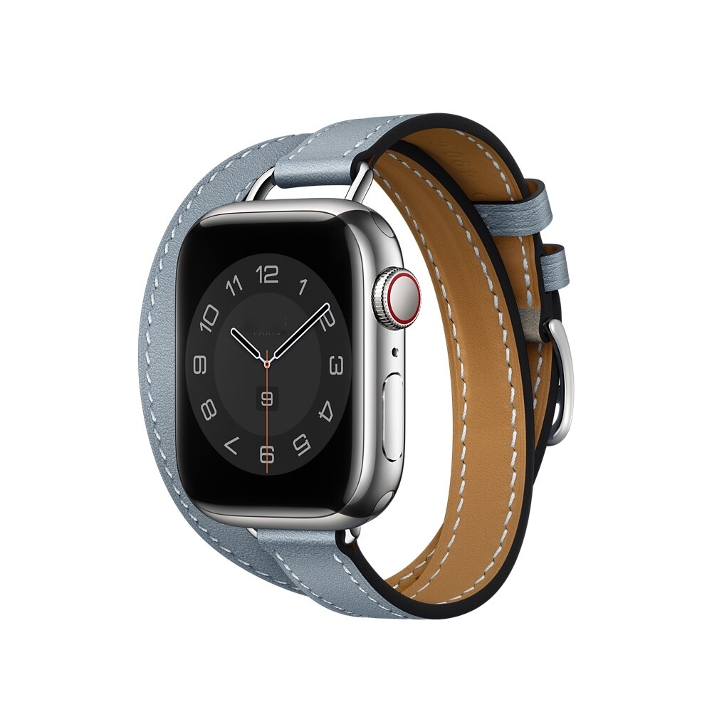 (42mm-44mm-45mm-49mm) Hermes Light Blue Leather double tour band Slim - جلد هرميز دبل سماوي ضعيف 