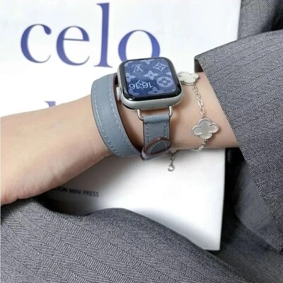 (38mm-40mm-41mm) Hermes Light Blue Leather double tour band Slim - جلد هرميز دبل سماوي ضعيف 