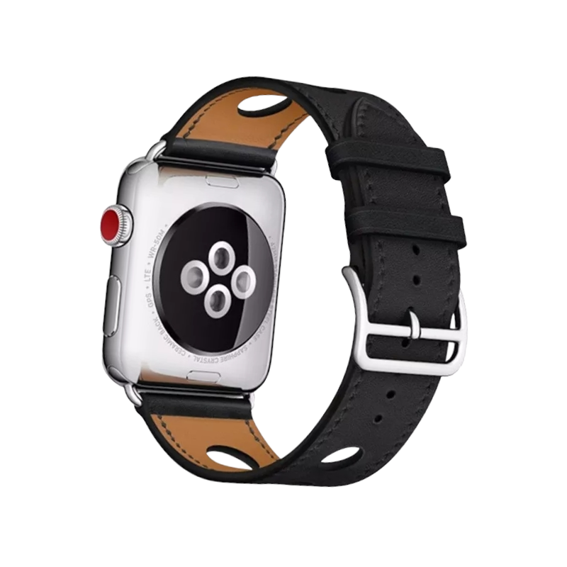 (42mm-44mm-45mm-49mm) Hermes Hole Design Leather Black Band - جلد هرميز تصميم فتحات لون اسود 
