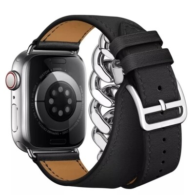 (42mm-44mm-45mm-49mm) Hermes Black Leather with Metal double tour Band new design - تصميم جديد جلد مع معدن هرميز دبل اسود