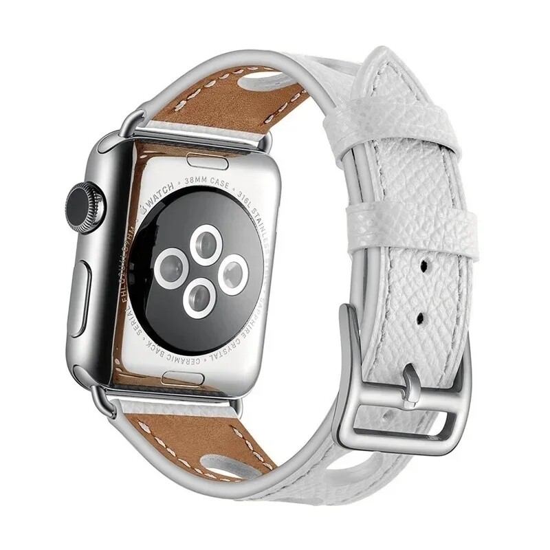 (42mm-44mm-45mm-49mm) Hermes Hole Design Leather White Band - جلد هرميز تصميم فتحات لون ابيض 