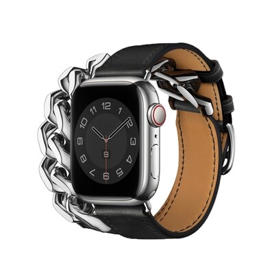 (42mm-44mm-45mm-49mm) Hermes Black Leather with Metal double tour Band new design - تصميم جديد جلد مع معدن هرميز دبل اسود