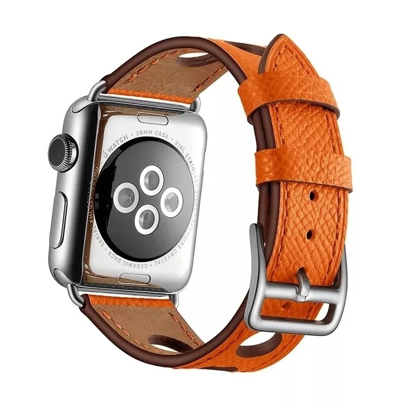 (42mm-44mm-45mm-49mm) Hermes Hole Design Leather Orange Band - جلد هرميز تصميم فتحات لون برتقالي 