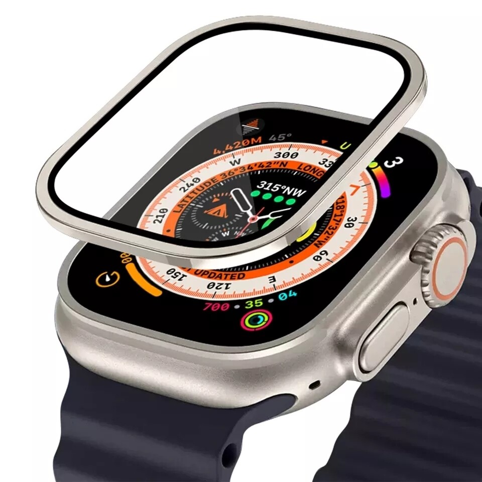 49mm apple watch Ultra Glass Screen Protection with metal sides - حمايه شاشه زجاج مع اطار معدني لساعه ابل الترا مقاس ٤٩م