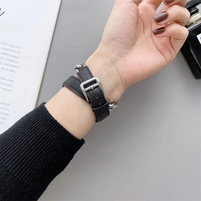 (42mm-44mm-45mm-49mm) Hermes Black Leather with Metal Slim double tour Band new design - تصميم جديد جلد مع معدن هرميز دبل ضعيف اسود 