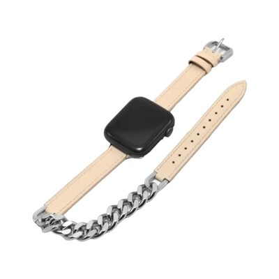 (42mm-44mm-45mm-49mm) Hermes Beige Leather with Metal Slim double tour Band new design - تصميم جديد جلد مع معدن هرميز دبل ضعيف بيج