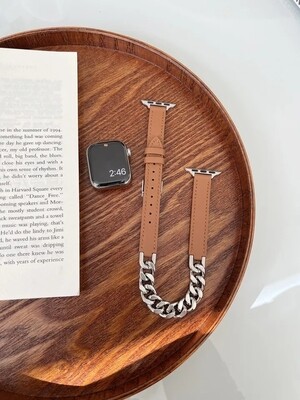 (42mm-44mm-45mm-49mm) Hermes Brown Leather with Metal Slim double tour Band new design - تصميم جديد جلد مع معدن هرميز دبل ضعيف بني 