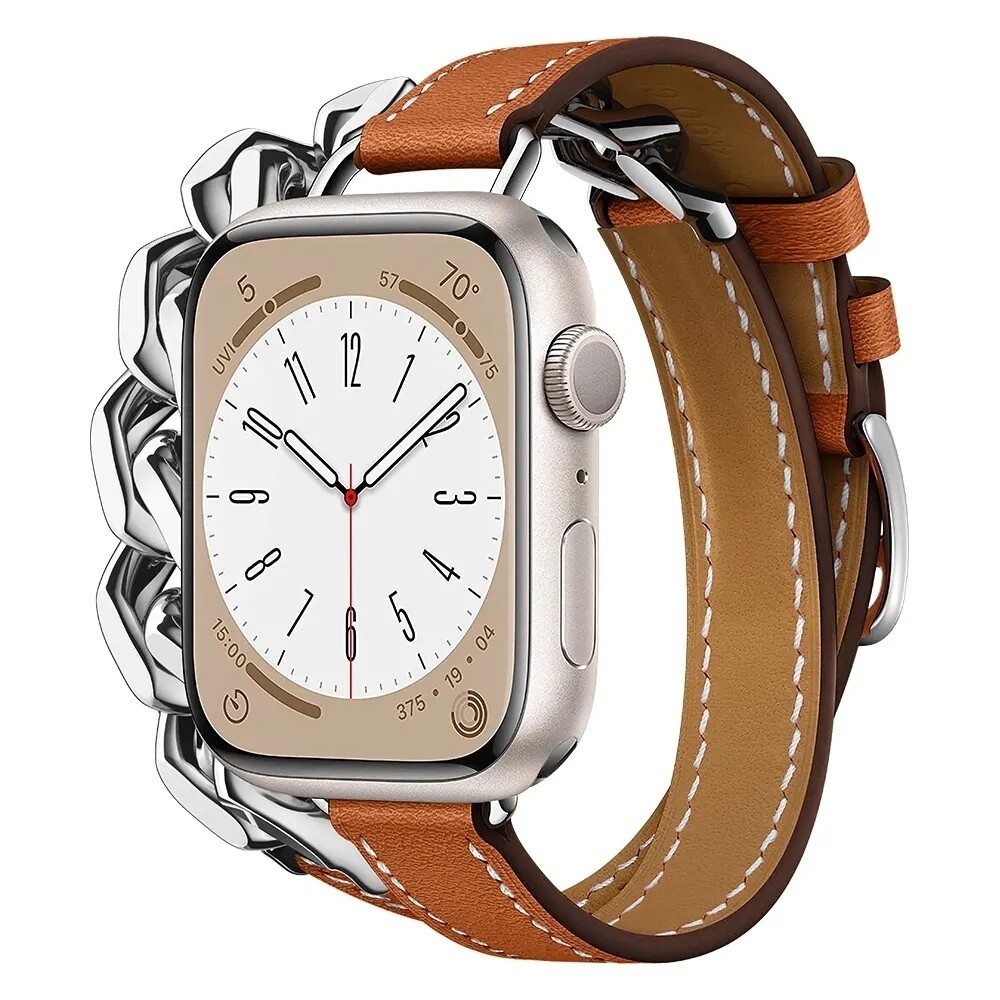 (42mm-44mm-45mm-49mm) Hermes Brown Leather with Metal Slim double tour Band new design - تصميم جديد جلد مع معدن هرميز دبل ضعيف بني 