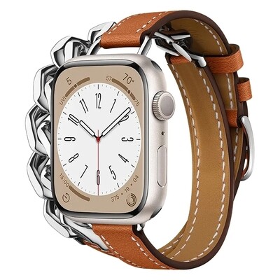 (42mm-44mm-45mm-49mm) Hermes Brown Leather with Metal Slim double tour Band new design - تصميم جديد جلد مع معدن هرميز دبل ضعيف بني 