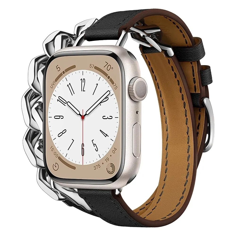 (42mm-44mm-45mm-49mm) Hermes Black Leather with Metal Slim double tour Band new design - تصميم جديد جلد مع معدن هرميز دبل ضعيف اسود 