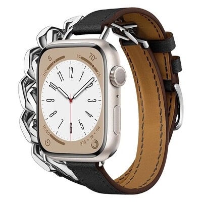 (42mm-44mm-45mm-49mm) Hermes Black Leather with Metal Slim double tour Band new design - تصميم جديد جلد مع معدن هرميز دبل ضعيف اسود 