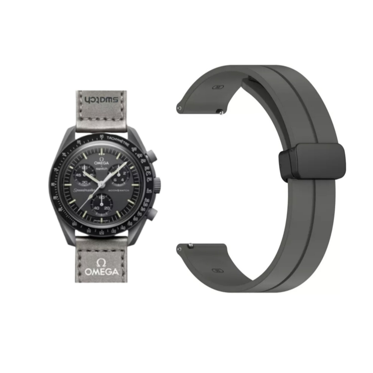 (OmegaXSwatch)  Silicone with magnetic lock Grey - باند سيليكون تسكيره مغناطيس رمادي 