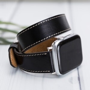 (42mm-44mm-45mm-49mm) Hermes Leather Black double tour Band - جلد هرميز دبل اسود