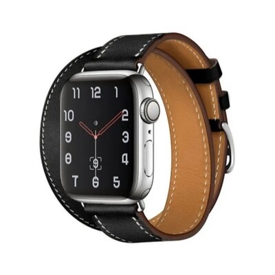 (42mm-44mm-45mm-49mm) Hermes Leather Black double tour Band - جلد هرميز دبل اسود