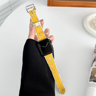 (38mm-40mm-41mm) The Garden Leather Yellow Band - باند جلد فراشات ورد لون اصفر 