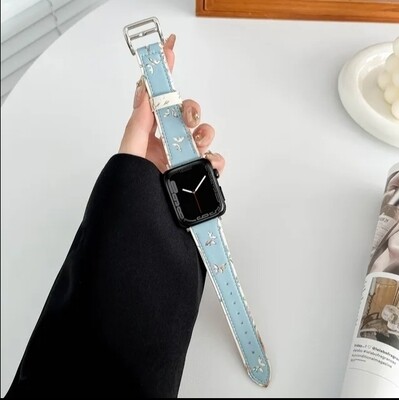 (38mm-40mm-41mm) The Garden Leather Baby Blue Band - باند جلد فراشات ورد لون سماوي 