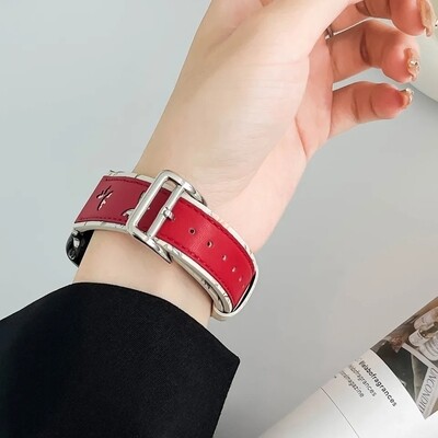 (38mm-40mm-41mm) The Garden Leather Red Band - باند جلد فراشات ورد لون احمر 