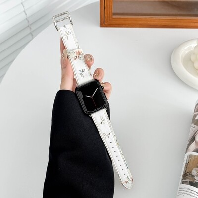 (38mm-40mm-41mm) The Garden Leather White Band - باند جلد فراشات ورد لون ابيض 