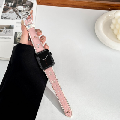 (38mm-40mm-41mm) The Garden Leather Pink Band - باند جلد فراشات ورد لون وردي 