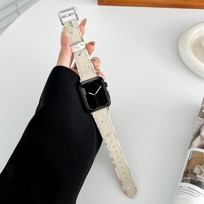 (38mm-40mm-41mm) The Garden Leather Beige Band - باند جلد فراشات ورد لون بيج 