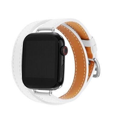 (42mm-44mm-45mm-49mm) Hermes White Leather double tour band Slim - جلد هرميز دبل ابيض ضعيف 