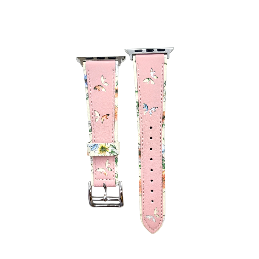 (42mm-44mm-45mm-49mm) The Garden Leather Pink Band - باند جلد فراشات ورد لون وردي 