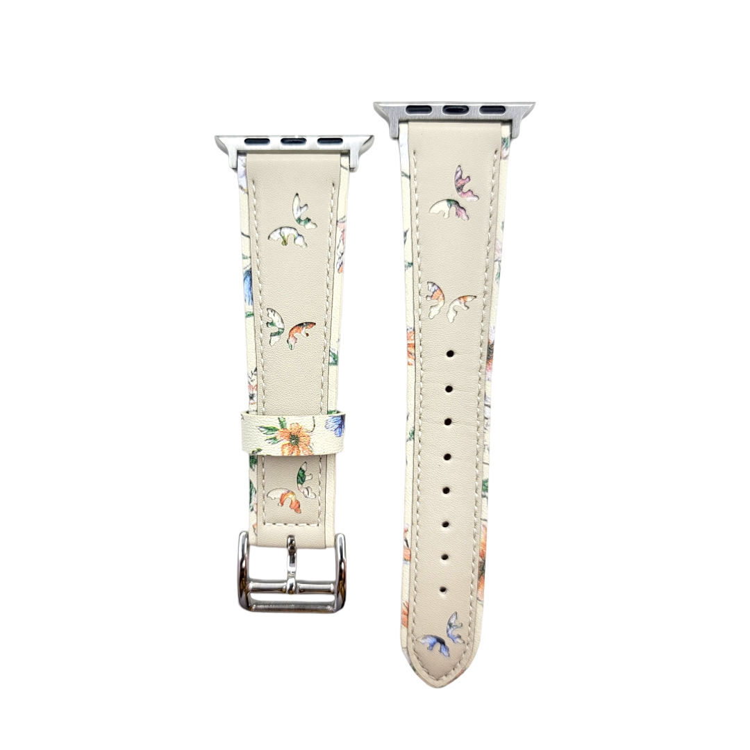 (42mm-44mm-45mm-49mm) The Garden Leather Beige Band - باند جلد فراشات ورد لون بيج 