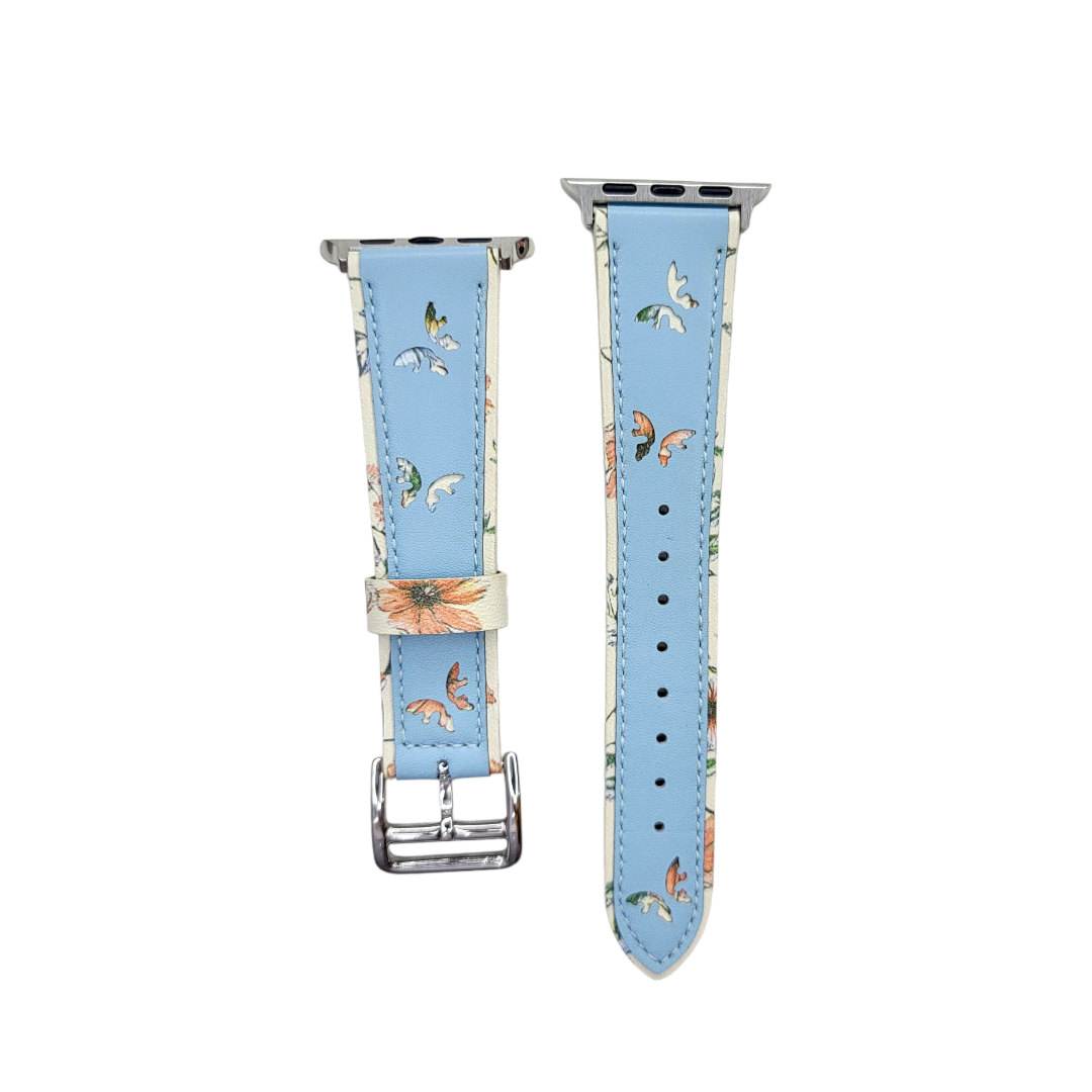 (42mm-44mm-45mm-49mm) The Garden Leather Baby Blue Band - باند جلد فراشات ورد لون سماوي 