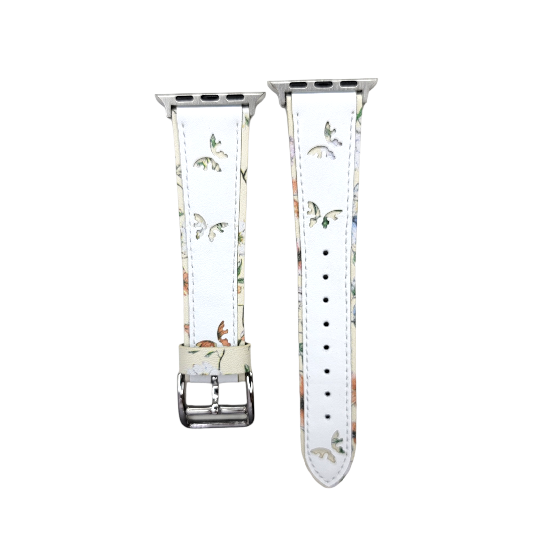 (42mm-44mm-45mm-49mm) The Garden Leather White Band - باند جلد فراشات ورد لون ابيض 