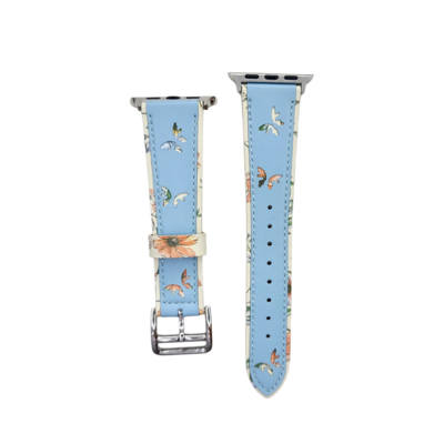 (38mm-40mm-41mm) The Garden Leather Baby Blue Band - باند جلد فراشات ورد لون سماوي 
