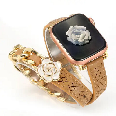 (42mm-44mm-45mm-49mm) Hermes Brown Leather Flower Slim double tour Band new design - تصميم جديد جلد تصميم ورده هرميز دبل ضعيف بني 